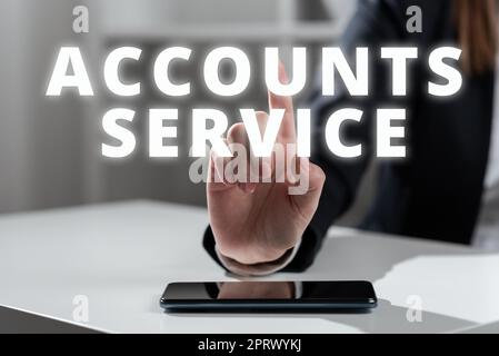 Text sign showing Accounts Serviceaccessing list of user profiles and information linked. Internet Concept accessing list of user profiles and information linked Stock Photo
