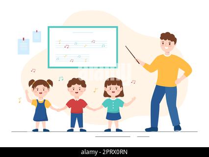 Music School Template In Hand Drawn Cartoon Flat Illustration Playing Various Musical Instruments, Learning Education Musicians and Singers Stock Photo