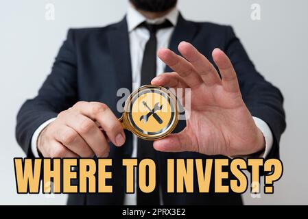 Writing displaying text Where To Invest questionasking someone about place to put money into. Word Written on asking someone about place to put money into Stock Photo