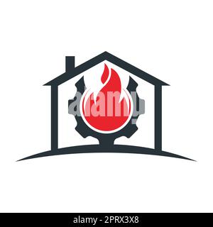 Home Restorations vector logo design. Gear and fire with home icon vector design. Stock Vector