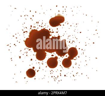 Wet brown coffee stains and drops on white Stock Photo
