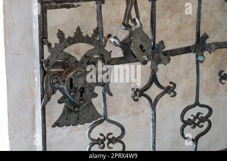 16th century wrought iron gates to the Senor de Tlacolula Chapel in the Church of the Assumption, Tlacolula de Matomoros, Oaxaca. Stock Photo