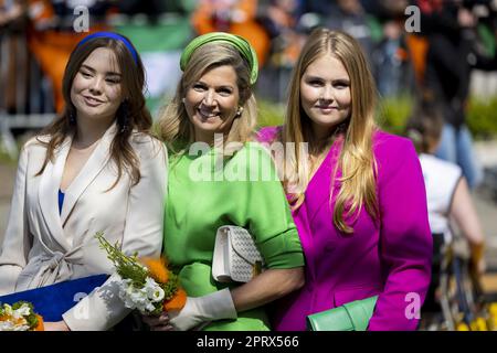 ROTTERDAM - Queen Maxima, Princess Amalia and Princess Ariane during the celebration of King's Day in Rotterdam. The visit marked the tenth anniversary of Willem-Alexander's reign. ANP ROBIN VAN LONKHUIJSEN netherlands out - belgium out Stock Photo