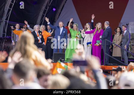 ROTTERDAM - King Willem-Alexander, Queen Maxima, Princess Amalia and Princess Ariane during the celebration of King's Day in Rotterdam. The visit marked the tenth anniversary of Willem-Alexander's reign. ANP REMKO DE WAAL netherlands out - belgium out Stock Photo