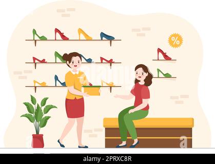 Shoe Store with New Collection Men or Women Various Models or Colors of Sneakers and High Heels in Flat Cartoon Hand Drawn Templates Illustration Stock Vector