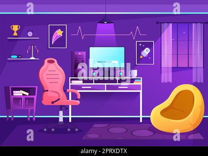 Video Game Room Interior with Android Mobile Computer and Comfortable Armchairs for Gamers in Flat Cartoon Hand Drawn Template Illustration Stock Photo