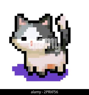 Classic 8 bit pixel art illustration of cute kitten. Retro 8 bit pixel art style simple illustration of cute kitten used in old arcade games played on Stock Photo