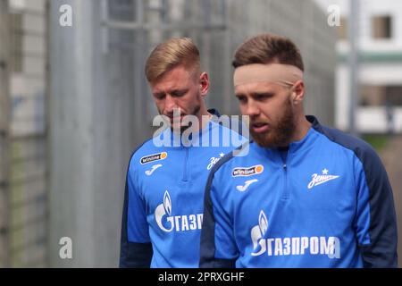 Saint Petersburg, Russia. 27th Apr, 2023. Dmitri Chistyakov (No.2), Ivan Sergeev (33), a football player of Zenit Football Club at a training session open to the media in Saint Petersburg, before the match of the 26th round of the Russian Premier League, Krylia Sovetov Samara - Zenit Saint Petersburg. Credit: SOPA Images Limited/Alamy Live News Stock Photo