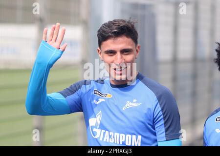 Saint Petersburg, Russia. 27th Apr, 2023. Gustavo Mantuan (No.31), a football player of Zenit Football Club at a training session open to the media in Saint Petersburg, before the match of the 26th round of the Russian Premier League, Krylia Sovetov Samara - Zenit Saint Petersburg. Credit: SOPA Images Limited/Alamy Live News Stock Photo