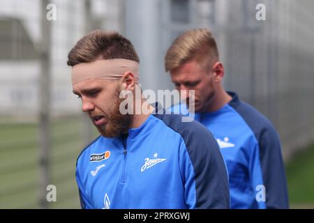 Saint Petersburg, Russia. 27th Apr, 2023. Dmitri Chistyakov (No.2), Ivan Sergeev (33), a football player of Zenit Football Club at a training session open to the media in Saint Petersburg, before the match of the 26th round of the Russian Premier League, Krylia Sovetov Samara - Zenit Saint Petersburg. (Photo by Maksim Konstantinov/SOPA Images/Sipa USA) Credit: Sipa USA/Alamy Live News Stock Photo