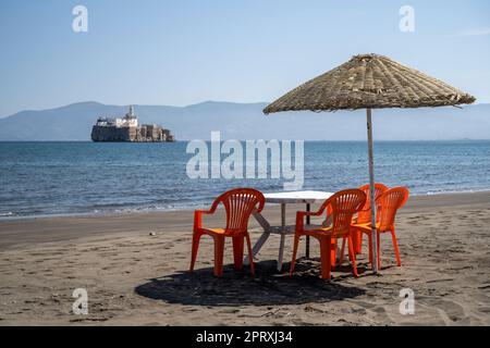 Rock of Al Hoceima seen from Tayeth beach. The island is Spanish territory off the coast of Morocco. Stock Photo