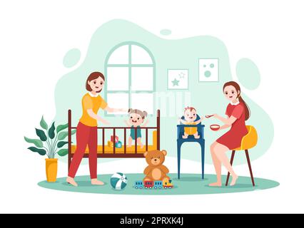 Babysitter or Nanny Services to Care for Provide for Baby Needs and Play with Children on Flat Cartoon Hand Drawn Template Illustration Stock Photo