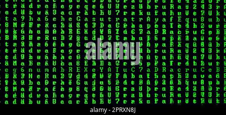 Macro shot of a glitch on the monitor of an office computer. The concept of introducing a virus into a personal data keeper. Stream of random green sy Stock Photo