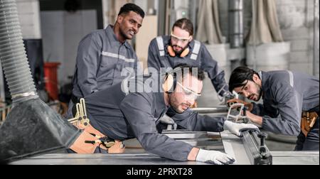 Wood turners measure and calculate the right size of workpiece dimension using hand and power tools. Cut, shape, rotate, smooth, and balance wood fixt Stock Photo