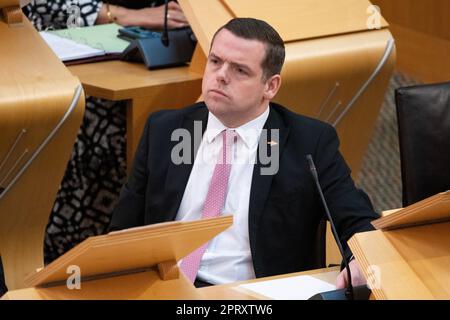 Edinburgh, Scotland, UK. 27th Apr, 2023. PICTURED: Douglas Ross MSP, Scottish Tory Leader. Weekly session of First Ministers Questions as Humza Yousaf MSP, First Minister of Scotland takes questions in the chamber. Scenes also inside the corridor before and after FMQs. Credit: Colin Fisher/Alamy Live News Stock Photo