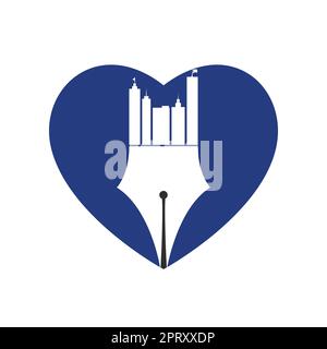 Creative concept with pen and city skyline logo design. Commercial buildings construction symbol. Stock Vector