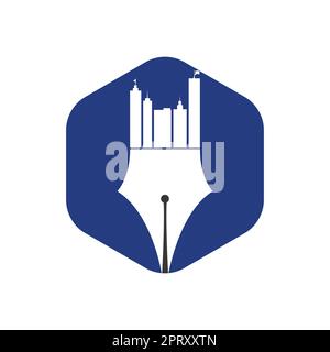 Creative concept with pen and city skyline logo design. Commercial buildings construction symbol. Stock Vector