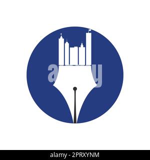 Creative concept with pen and city skyline logo design. Commercial buildings construction symbol. Stock Vector