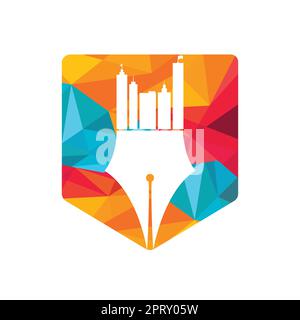 Creative concept with pen and city skyline logo design. Commercial buildings construction symbol. Stock Vector