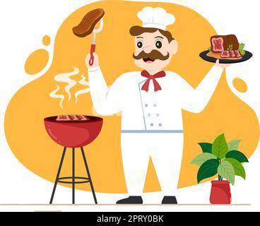 Steakhouse of Grilled Meat with Juicy Delicious Steak, Salad and Tomatoes for Barbecue in Flat Cartoon Hand Drawn Template Illustration Stock Vector