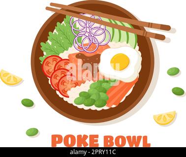 Poke bowl. Asian food illustration. Bright colorful realistic sketch.  Salmon, avocado, rice. Vector art Stock Vector