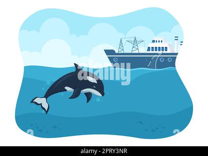 Whale Hunting with Whales Caught by Fisherman in the Middle of the Deep Sea for Sale in Hand Drawn Flat Cartoon Templates Illustration Stock Photo