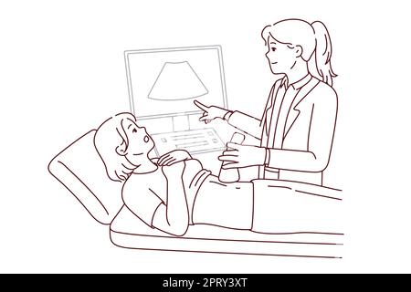 Doctor do belly ultrasound for woman lying on bed in hospital or clinic. Gynecologist or GP scan female patient abdomen. Healthcare and medicine. Vect Stock Photo