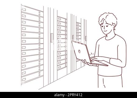 Male engineer with laptop standing near server room with computers. Man IT specialist working in data center near server racks. Vector illustration. Stock Photo