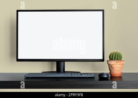 Modern green office with empty computer desktop mockup for display your graphic design Stock Photo
