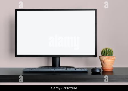Modern pink office with empty computer desktop mockup for display your graphic design Stock Photo