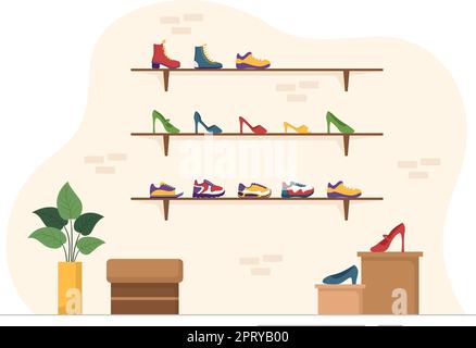 Shoe Store with New Collection Men or Women Various Models or Colors of Sneakers and High Heels in Flat Cartoon Hand Drawn Templates Illustration Stock Vector