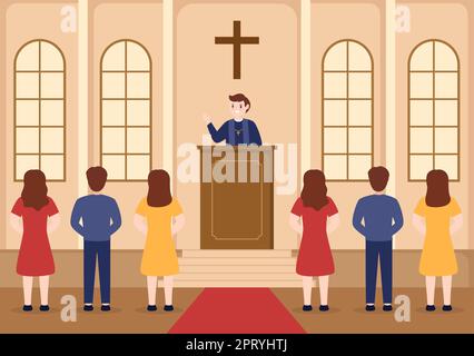 Pastor Giving a Sermon of God in Cassock at a Catholic Church from Pulpit and Baptism in Flat Cartoon Hand Drawn Templates Illustration Stock Photo