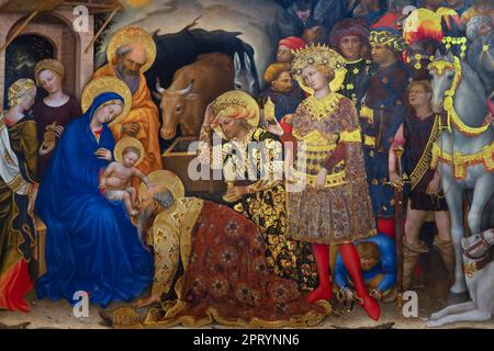 Adoration of the Magi, detail, Gentile da Fabriano, 1423, Galleria degli Uffizi, Uffizi Gallery, Florence, Tuscany, Italy Stock Photo