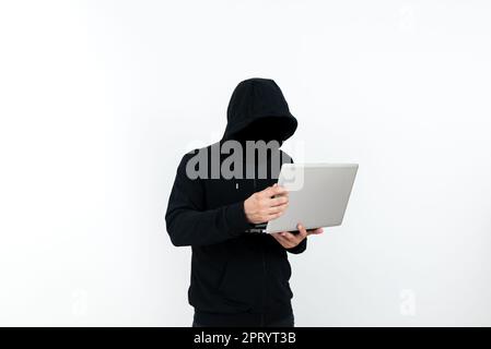 Man Standing With Laptop Presenting Cyber Security. Stock Photo