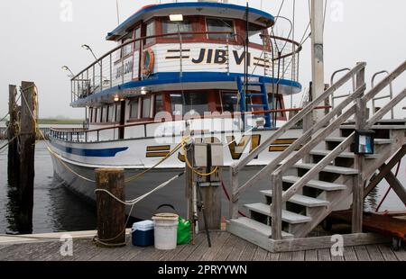 Bay Shore, New York, USA - 27 May 2022: The passanger fishing boat the Jib VI docked at Captree State Park boat basin. Stock Photo