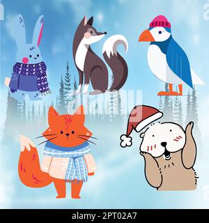 hand drawn flat winter animals collection Stock Vector