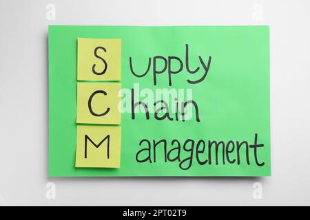 Green paper with abbreviation SCM (Supply Chain Management) on white background, top view Stock Photo