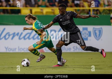 St. Petersburg, United States. 26th Apr, 2022. St. Petersburg, FL: Tampa  Bay Rowdies midfielder Forrest Lasso (3) heads the ball during the third  round game of the U.S. Open Cup against the