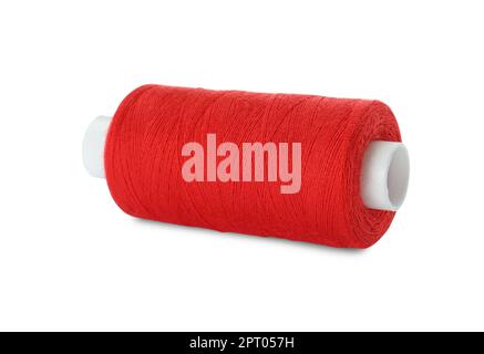 Spool of red sewing thread isolated on white Stock Photo