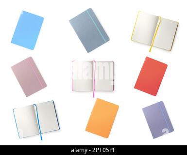 Set with multicolor notebooks on white background, top view Stock Photo
