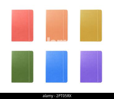 Set with multicolor notebooks on white background, top view Stock Photo