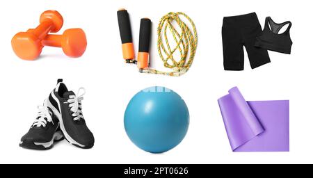 Set with different fitness equipment on white background. Banner design Stock Photo