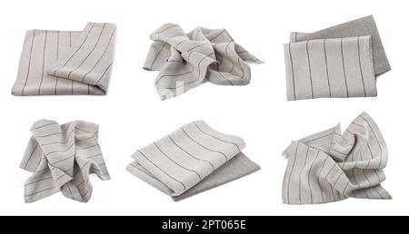 Set with light grey fabric napkins on white background Stock Photo