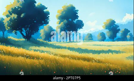 An Illustration Of A Beautiful Forest Landscape With Trees And A Blue 