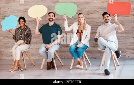Diversity, recruitment and speech bubbles for social media marketing idea of people in waiting room for interview, meeting and collaboration. Creative Stock Photo