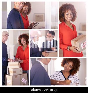 Door to door delivery. Composite image of an attractive young woman getting a delivery Stock Photo
