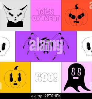 Halloween seamless pattern. Black spooky characters in bright frames. Poisonous spider, pumpkins, ghost. Boo and trick or treat lettering. Cartoon style. Wallpaper, print on clothes, wrapping paper Stock Vector