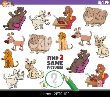 find two same comic dog characters educational game Stock Vector