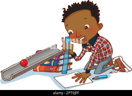 Educational art, math, physics mathematics young black boy measuring impact of gradient on a marble rolling down slope, experiments, school activities Stock Photo