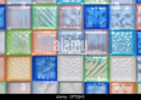 Blurred background from glass colorful square blocks. Screensavers or wallpaper for advertising. Abstract background, construction of glass walls or p Stock Photo